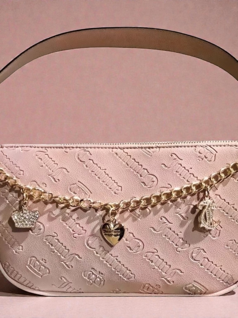 👑 Juicy Couture Pink Embossed Shoulder Bag w/Gold Charms - Picture 3 of 16